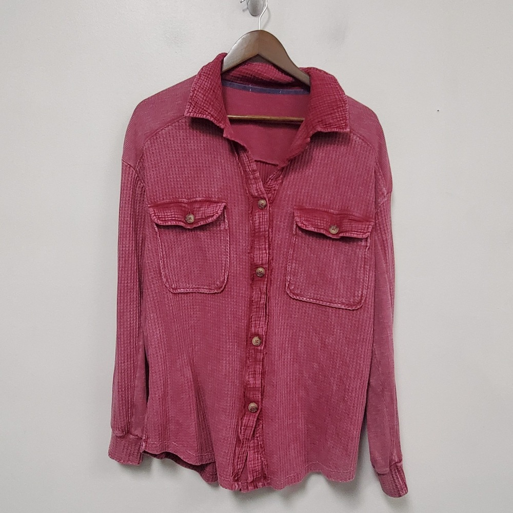 Pink Thermal Distressed Button Up Shirt Size 2XL Waffle Knit Bohemian Layer Fall - Picture 1 of 8
